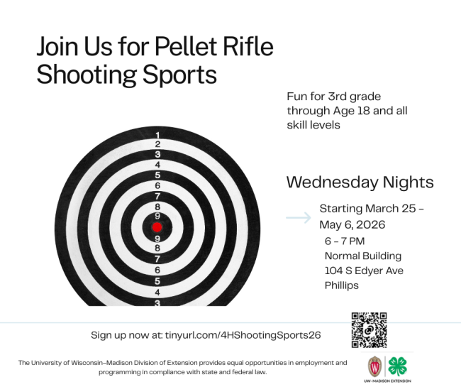 4-H Shooting Sports clubs are open to all youth ages 8 to 18. Open to all skill levels. 
Sign up today: tinyurl.com/4HShootingSports26
Pellet Rifle Shooting Sports start March 25 at 6 PM. 
The focus of all 4-H programs is the development of youth as individuals and as responsible and productive citizens. The National 4-H Shooting Sports Program stands out as an example. Youth learn marksmanship, the safe and responsible use of firearms, the principles of hunting and archery, and much more. The activities of the program and the support of caring adult leaders provide young people with opportunities to develop life skills, self-worth, and conservation ethics.