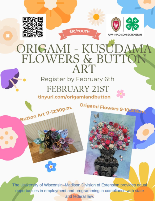 Make Origami-Kusudama Flowers or Button Art on February 21st. Register by February 6th for one or both, Button Art 11am-12:30pm, or Origami Flowers 9-10:30am. These classes will be held in the Conference Room, Normal Building, Phillips. Tinyurl.com/origamiandbutton