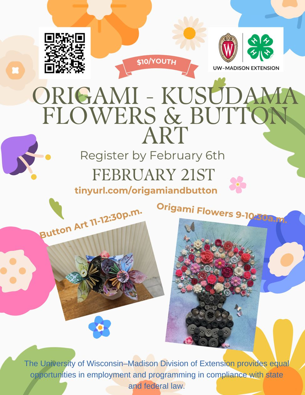 Make Origami-Kusudama Flowers or Button Art on February 21st. Register by February 6th for one or both, Button Art 11am-12:30pm, or Origami Flowers 9-10:30am. These classes will be held in the Conference Room, Normal Building, Phillips. Tinyurl.com/origamiandbutton