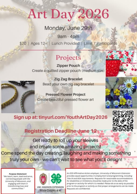 Get Creative at Art Day!
Calling all creative minds ages 12 and up—join us for a day full of creativity, color, and fun!
Date: Monday, June 29
Time: 9:00 AM – 4:00 PM
Location: 104 S Eyder Ave, Phillips - top floor Extension Conference Room
Cost: $20 (lunch included!)
Limited to just 12 (opened up a few more spots) participants—sign up early! Registration Deadline June 12. Register here: tinyurl.com/YouthArtDay2026
Get ready to roll up your sleeves and create some amazing projects, including:
A quilted zipper pouch
A zig zag beaded bracelet
A pressed flower art project
Whether you love sewing, crafting, or just trying something new, this hands-on day is the perfect chance to learn new skills and take home your own unique creations!
Spots are limited—don’t wait to register!
Come spend the day creating, laughing, and making something truly your own—we can’t wait to see what you’ll design!