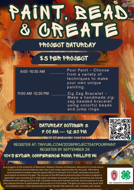 Project Saturday is Back! ✨📿
Join us on Saturday, October 3 for a fun-filled morning of creativity and hands-on learning at our first Project Saturday of the season!
Choose one (or both!) of these exciting projects:
🎨 Pour Paint Workshop
 🕘 9:00 AM - 10:30 AM
 Explore a variety of pour painting techniques and create your own unique masterpiece to take home!
📿 Zig Zag Bracelet Workshop
 🕚 11:00 AM - 12:30 PM
 Design and create a colorful zig-zag beaded bracelet using beads and jump rings.
💲 Cost: $5 per project
 👧 Youth age 10 and under must bring a helper.
 📅 Registration Deadline: September 25
Don't miss this opportunity to learn new skills, express your creativity, and have fun with friends!
✅ Register today: tinyurl.com/2026ProjectSATPOURPAINT
We can't wait to see what you create!